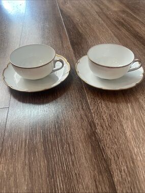 Vintage Victoria Austria White Porcelain Teacups with Gold Trim - Set of 2